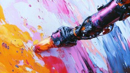 Poster - Robotic arm painting vibrant abstract artwork on canvas, blending technology with creativity, symbolizing the fusion of AI, automation, and modern digital art innovation.
