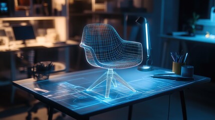 Poster - The glowing outline of a virtual chair model hovers above a physical chair sketch on a worktable, with a designer stylus adjusting the proportions in real-time.