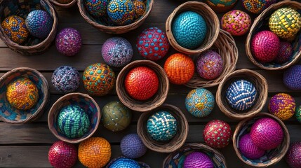 Poster - Woven baskets brimming with geometric spheres in various bright colors like red, blue, yellow, green, and purple, placed on a wooden surface, creating a harmonious and detailed composition.