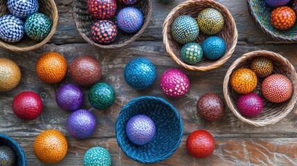 Poster - Woven baskets filled with vibrant geometric spheres of various colors placed on a wooden surface, creating a visually dynamic and balanced composition with detailed textures and bright contrast.