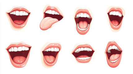 Caucasian teen girl mouth animation set isolated on white background. Vector cartoon illustration of female head, brows, lip sync collection with sound pronunciation, happy, sad, neutral emotions