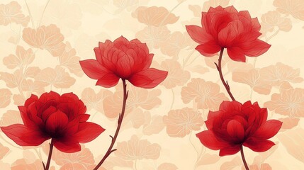 Poster - Elegant Indian Lotus Floral Pattern with Minimalist Vine Motifs in Pastel Colors