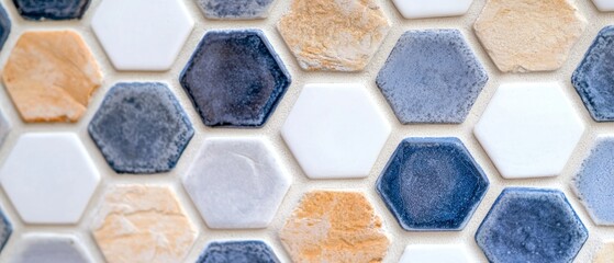 Canvas Print - Hexagon Tile Pattern in Blue, White, and Beige