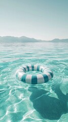 Aufkleber - A charming inflatable ring drifts gently on calm light green waters, creating a peaceful atmosphere. The minimalist backdrop showcases smooth waves under soft sunlight