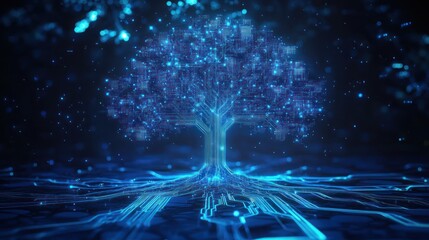 Glowing digital tree, network roots, dark background, technology concept (3)