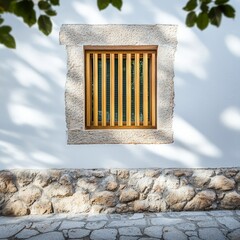 Wall Mural - Wooden Window With Stone Wall And Shadow Details