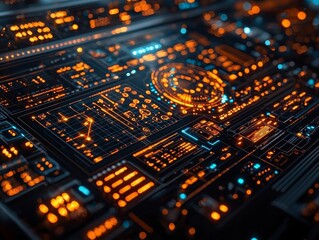 Poster - futuristic business tools glowing over dark minimalist grid