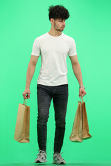 Man, on a green background, full-length, with bags