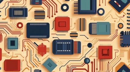 Aufkleber - A vibrant, abstract representation of circuit boards featuring colorful microchips and intricate pathways, embodying technology and connectivity.