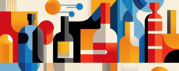 Aufkleber - A vibrant abstract illustration featuring colorful bottles and geometric shapes, creating a modern, artistic composition.