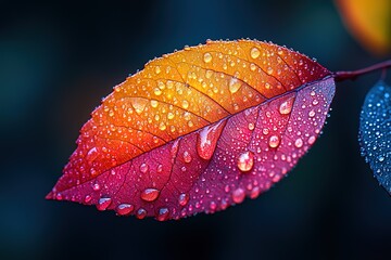 Wall Mural - Colorful autumn leaf covered with water droplets vibrant hues of yellow orange and red on a dark background macro shot