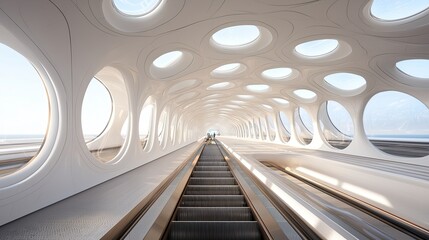 Poster - A futuristic interior with a sleek, white design featuring circular windows and an escalator leading towards a bright, open space.