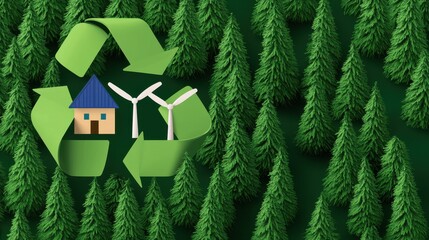 Poster - a vibrant illustration of a recycling symbol surrounded by trees, featuring a house and wind turbine