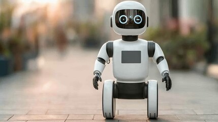 Poster - A cute, small robot stands on a paved walkway, showcasing its friendly design and advanced technology in a vibrant outdoor setting.