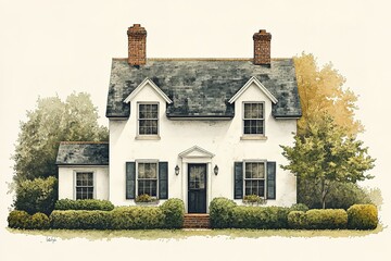 Wall Mural - Charming watercolor of a cozy house with lush landscaping exuding a sense of comfort and tranquility in a peaceful neighborhood setting