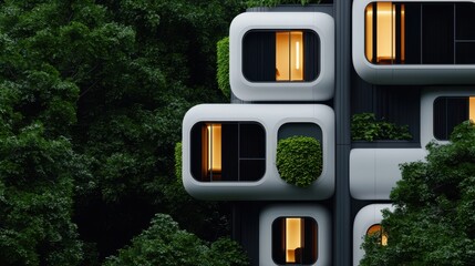 Poster - A modern building with unique, rounded windows nestled among lush greenery, featuring warm lighting and integrated planters.