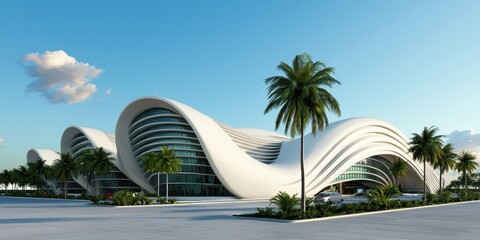 Poster - A modern architectural building with smooth, flowing curves, surrounded by palm trees and a clear blue sky.