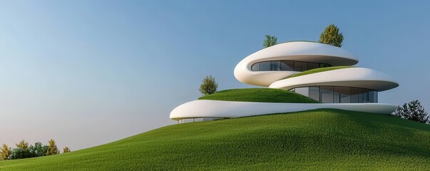 Poster - A modern, futuristic house with a flowing design, situated on a grassy hill under a clear blue sky, featuring greenery atop its unique structure.