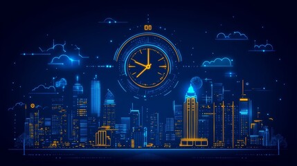 Poster - Futuristic Cityscape Illuminated Clock Global Time Modern Technology Digital Innovation