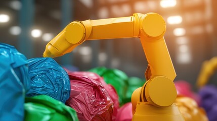 Poster - A robotic arm interacts with colorful waste materials in a modern recycling facility, showcasing automation and innovation in waste management.