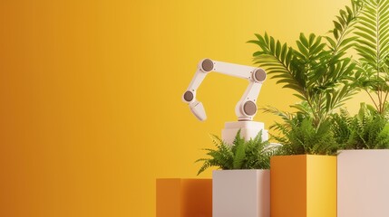 Aufkleber - A robotic arm interacts with vibrant green plants against a warm yellow background, symbolizing the blend of technology and nature.