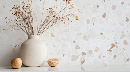 Poster - A beautifully arranged vase with dried branches stands against a textured white terrazzo background featuring subtle earth tones, enhancing a tranquil atmosphere in any space