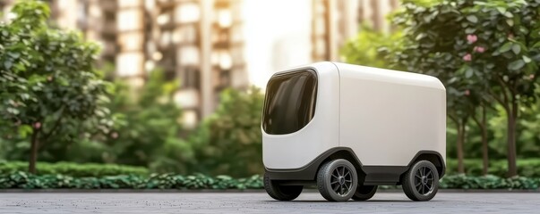 Aufkleber - A compact, futuristic delivery vehicle drives through a green urban landscape, showcasing an eco-friendly design amid modern architecture.