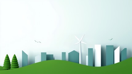Poster - A modern cityscape with green hills, stylized trees, and a wind turbine, symbolizing sustainability and eco-friendly architecture.