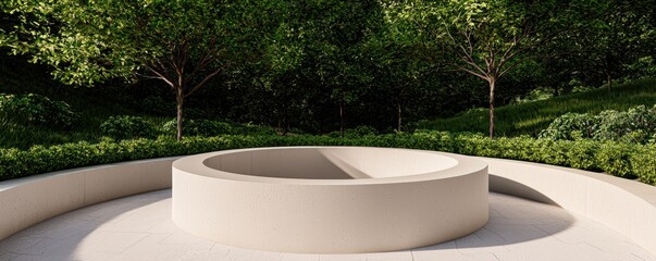 Poster - A serene outdoor space featuring a circular concrete structure surrounded by lush greenery and trees, ideal for relaxation or reflection.