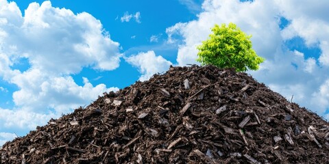 Poster - A small green tree grows atop a mound of dark mulch under a bright blue sky filled with fluffy white clouds.