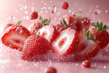 Wall Mural - Fresh juicy strawberries glistening with water droplets and sugar crystals a sweet and refreshing delight against a pink backdrop