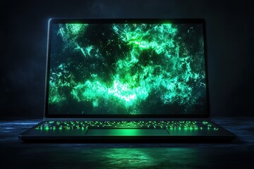 Poster - Laptop showcasing a vivid green nebula on its screen keyboard softly illuminated in matching hues set against a dark backdrop for dramatic effect