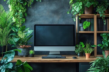 Poster - Workspace oasis: A computer setup surrounded by lush greenery bringing the serenity of nature to the modern office environment
