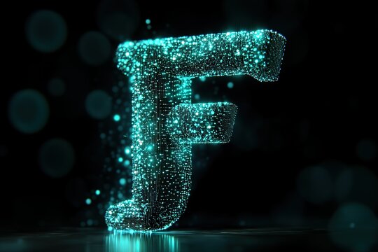 Illuminated Letter: 'F' a captivating digital rendering Sparkling dots create a glowing effect against a dark backdrop Modern futuristic aesthetic