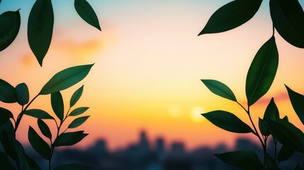 Poster - A serene sunset framed by lush green leaves, creating a peaceful silhouette against a colorful sky.