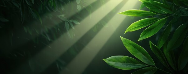 Poster - A serene forest scene showcasing vibrant green leaves illuminated by soft rays of sunlight filtering through the foliage.