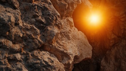 Poster - A rocky surface with a glowing light emanating from a crevice, creating a captivating contrast between the earthy tones and the vibrant illumination.