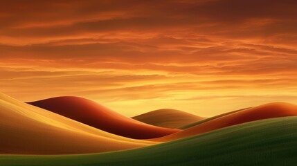 Poster - A serene landscape featuring rolling hills under a vibrant orange and yellow sky at sunset, creating a tranquil and picturesque scene.