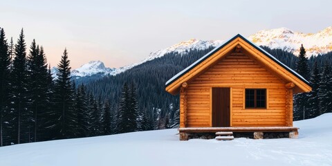 Poster - A cozy wooden cabin nestled in snowy mountains, surrounded by evergreen trees, creating a serene winter landscape.
