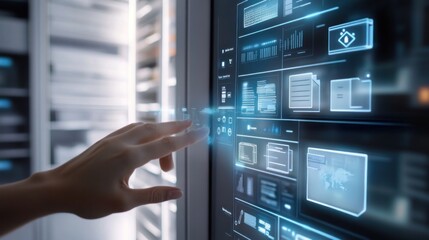 Poster - Navigating complex data on a holographic interface with server room backdrop