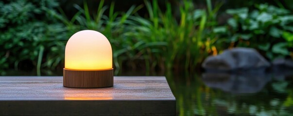Poster - A serene outdoor scene featuring a glowing lamp on a wooden surface, surrounded by lush greenery and a tranquil water backdrop.