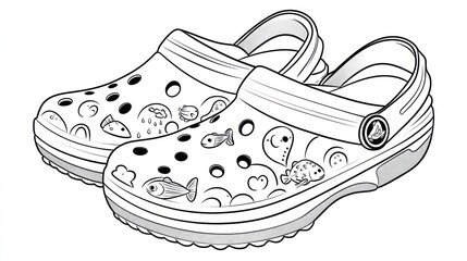 Wall Mural - Kids' ocean-themed clogs, studio shot, white background, coloring page