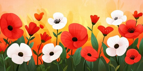 Poster - A vibrant, artistic illustration of red and white flowers against a warm orange background, evoking a cheerful and lively atmosphere.