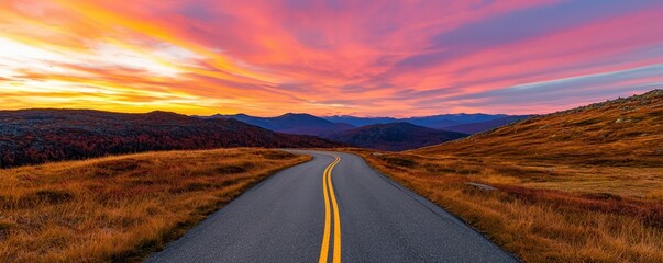 Poster - A winding road stretches into a vibrant sunset, framed by rolling hills and colorful skies, inviting adventure and exploration.