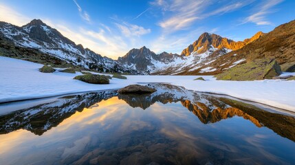 Poster - A stunning mountain landscape reflecting in a tranquil lake, surrounded by snow and under a beautifully colored sky at sunset.