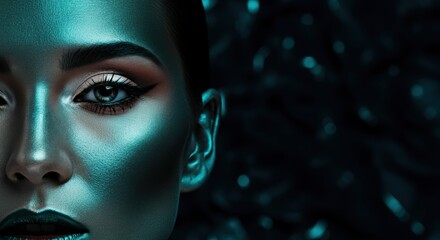 Wall Mural - Close-up of metallic painted female face with intense eye focus in dramatic lighting