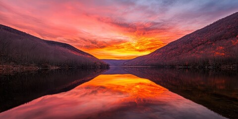 Poster - A stunning sunset casts vibrant colors over a tranquil lake, reflecting the hues in the calm water between two majestic hills.