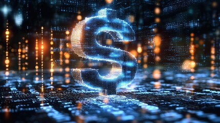 3d digital dollar sign with glowing lights and binary code background