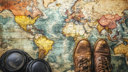 boots, compass, world map; travel planning. adventure background, wanderlust