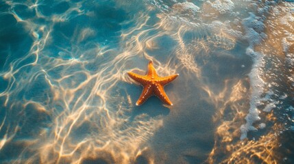 Poster - Crystal clear seawater glistens in the sunlight, highlighting an orange starfish nestled on the sandy beach, embodying the essence of summer tranquility and natural beauty